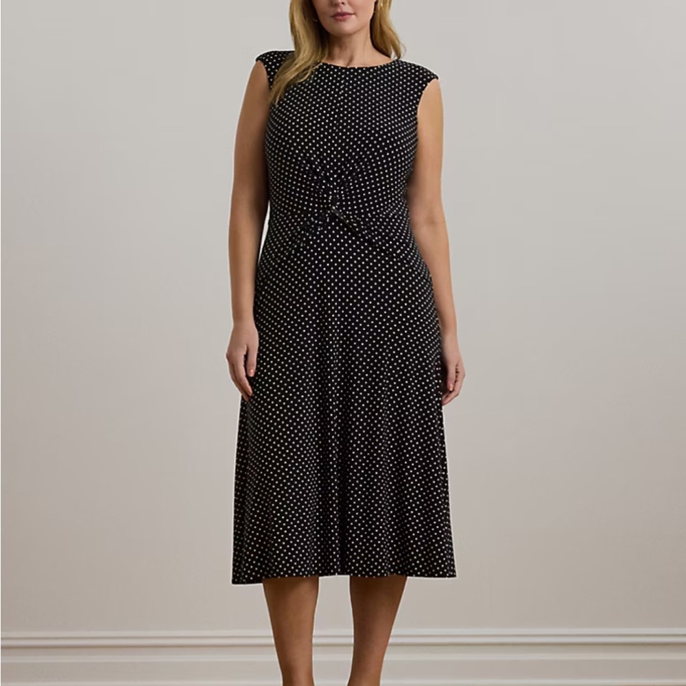 Lauren Ralph Lauren Black & White Polka Dot Twist Front Midi Dress Women’s 10